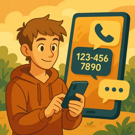 Jeune homme souriant en sweat à capuche utilisant son smartphone, avec un grand écran de téléphone en arrière-plan affichant une icône d'appel et un numéro de téléphone fictif (123-456-7890), dans un décor extérieur stylisé et chaleureux