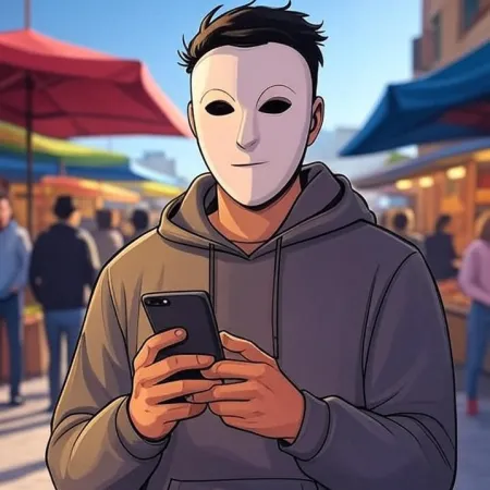 Un jeune homme de style animé portant un masque blanc et un sweat à capuche gris, regarde son téléphone dans un marché en plein air.