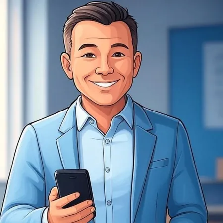 Illustration d'un homme d'affaires souriant en costume bleu tenant un smartphone.