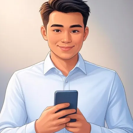 Illustration d'un homme d'affaires souriant en costume bleu tenant un smartphone.