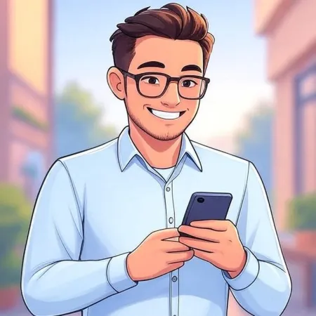 Jeune homme souriant avec des lunettes et une chemise bleue, regardant son smartphone.