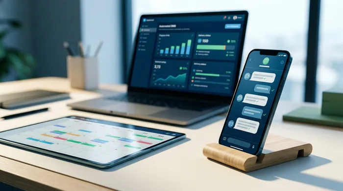 Un bureau moderne avec un ordinateur portable affichant un tableau de bord analytique, une tablette avec un calendrier et un smartphone sur un support en bois montrant une interface de messagerie.