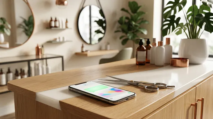Un smartphone affichant une application de messagerie posé sur un comptoir de salon de coiffure en bois clair, accompagné de ciseaux professionnels et de produits de beauté en arrière-plan.