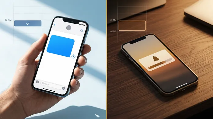 Une image divisée en deux parties montrant un smartphone : à gauche, une interface de messagerie avec une option de programmation d'envoi, et à droite, une notification de rappel sur un bureau en bois.