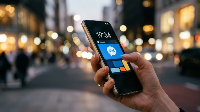 Une main tenant un smartphone affichant une notification de message SMS avec un arrière-plan urbain flou en soirée.