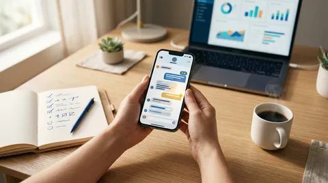 Une personne tenant un smartphone affichant une application de messagerie, assise à un bureau avec un ordinateur portable, un carnet de notes et une tasse de café.