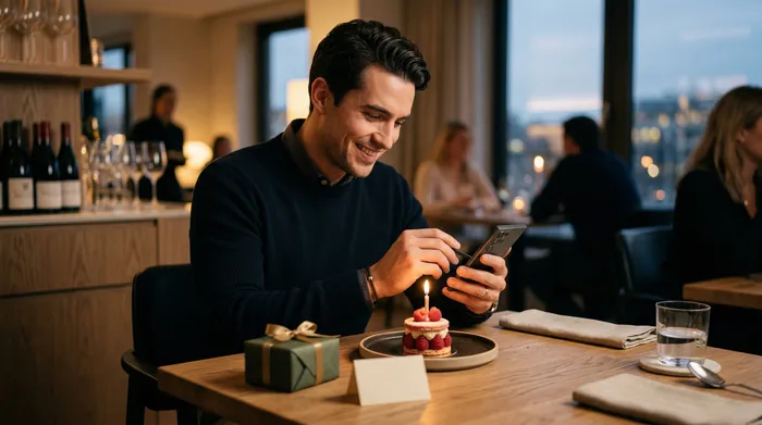 Un homme souriant assis à une table de restaurant, utilisant un stylet sur son smartphone à côté d'un petit gâteau d'anniversaire avec une bougie et un cadeau.
