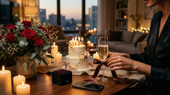 Une femme en tenue élégante prépare une coupe de champagne avec un ruban lors d'un dîner romantique aux chandelles, avec un gâteau d'anniversaire et un bouquet de roses rouges sur la table.
