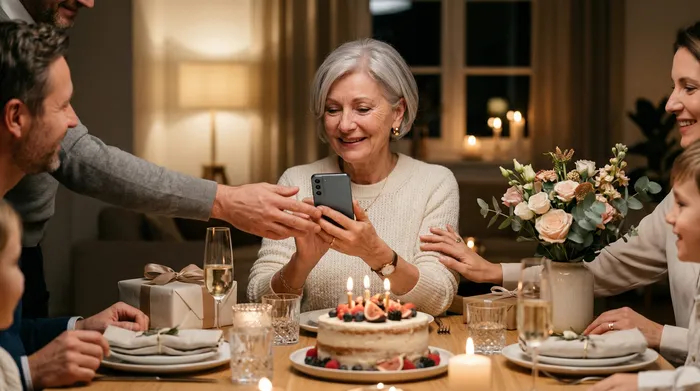 Une femme âgée souriante regardant son smartphone lors d'un dîner d'anniversaire entourée de sa famille avec un gâteau et des cadeaux sur la table.