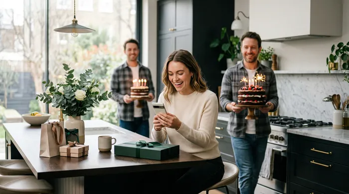 Une femme souriante assise dans une cuisine moderne regarde son téléphone portable, tandis que deux hommes en arrière-plan lui présentent des gâteaux d'anniversaire avec des bougies allumées.