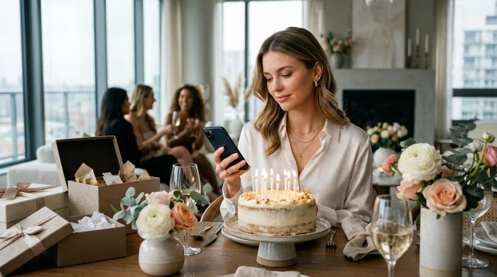 Une jeune femme blonde souriante assise à une table avec un gâteau d'anniversaire allumé, consultant son smartphone lors d'une fête entre amies dans un appartement lumineux.