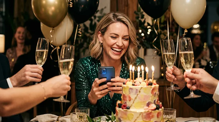 Une femme souriante en robe verte à paillettes regarde son smartphone devant un gâteau d'anniversaire décoré de bougies, entourée d'amis portant un toast avec des coupes de champagne lors d'une fête.